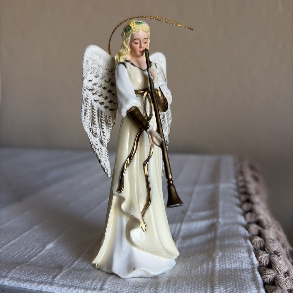 Enesco Angel Gold Trumpet Horn Blonde Vintage Cottagecore Christmas Ornament